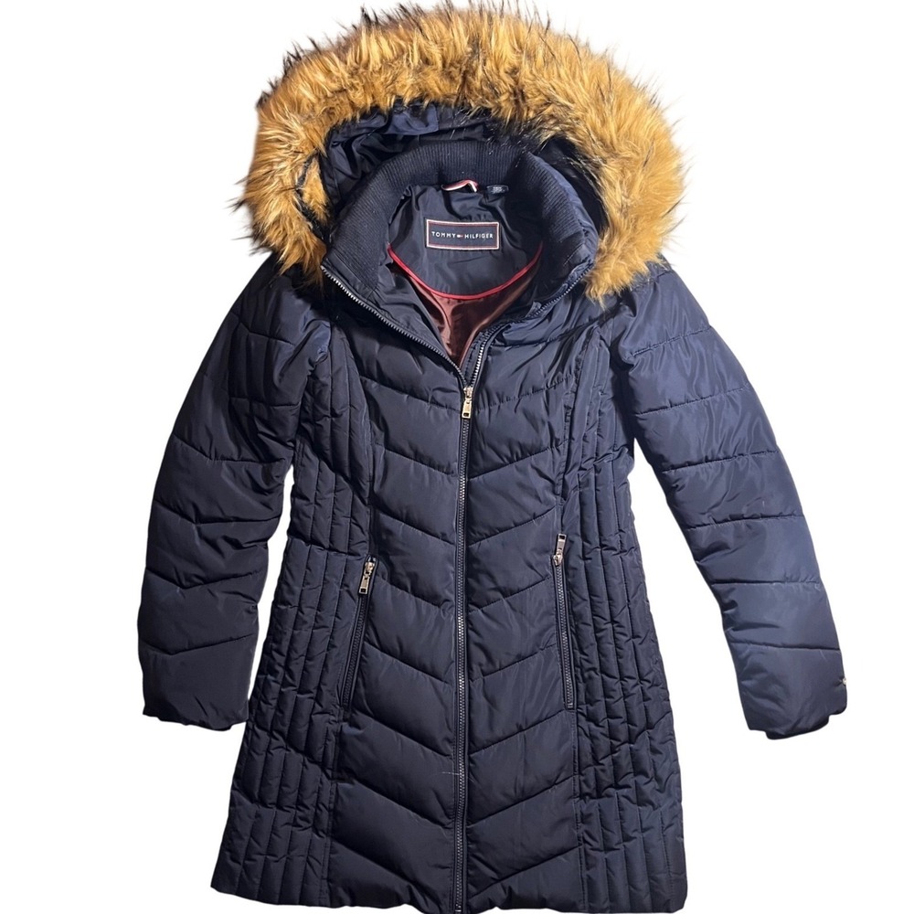Tommy Hilfiger Women Puffer Coat Navy Blue Faux Fur Hood Winter Warm XS
